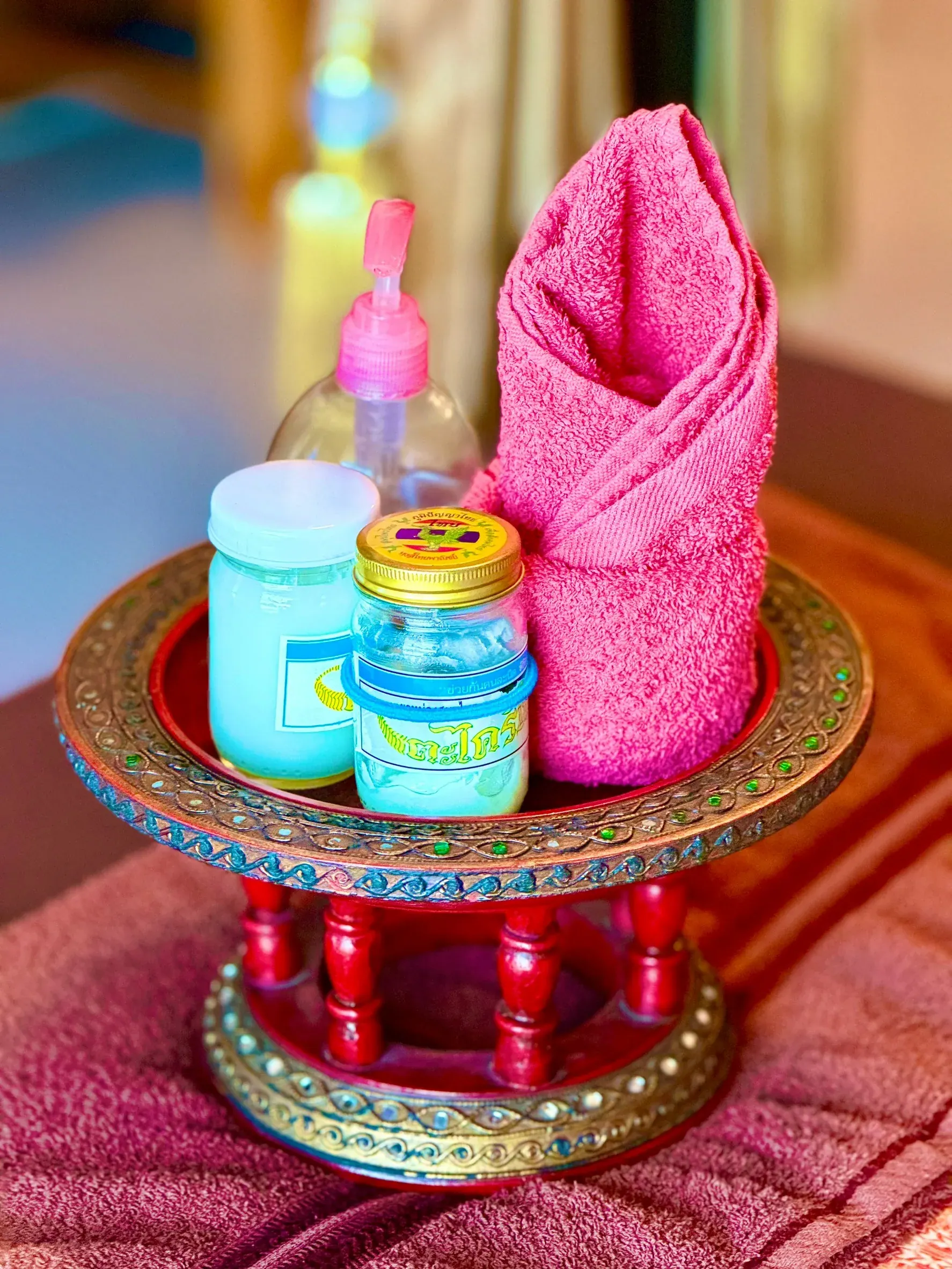 Clean towels and massage products prepared for service
